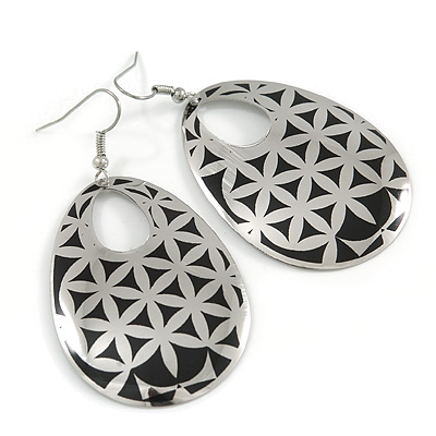 Silver/Black Cut-Out Floral Oval Hoop Earrings - 6.5cm Length - main view