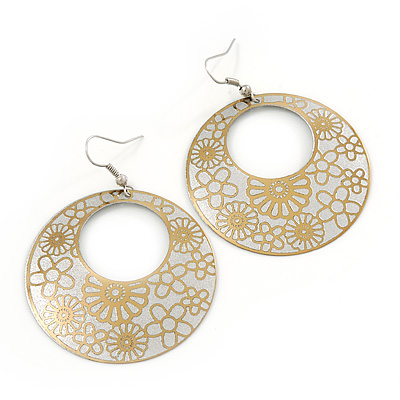 Gold/Metallic Silver Cut-Out Floral Hoop Earrings - 6cm Length - main view