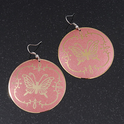 Light Coral Round 'Butterfly' Drop Earrings - 6cm Length