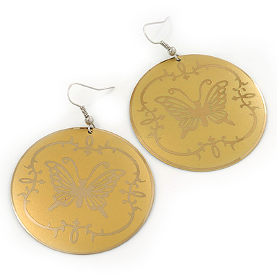 Gold Round 'Butterfly' Drop Earrings - 6cm Length - main view