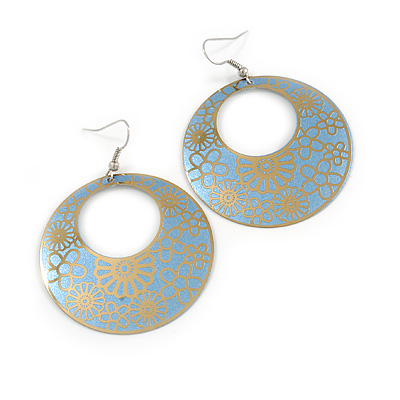 Gold/Light Blue Cut-Out Floral Hoop Earrings - 6cm Length