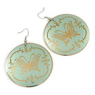 Pale Green Round 'Butterfly' Drop Earrings - 6cm Length - main view