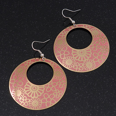 Gold/Coral Pink Cut-Out Floral Hoop Earrings - 6cm Length - main view