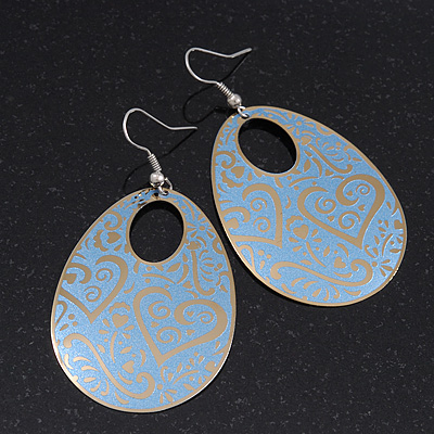 Gold/Light Blue Cut-Out Floral Oval Hoop Earrings - 6.5cm Length - main view