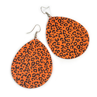 Long Orange 'Animal Print' Teardrop Metal Earrings - 6.5cm Length - main view