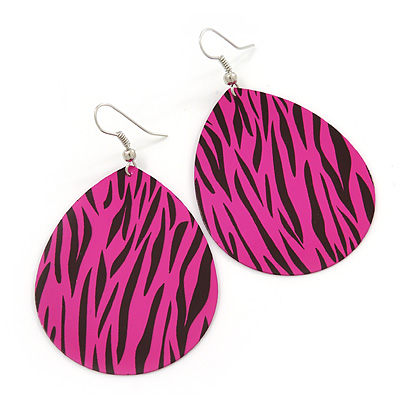 Long Deep Pink 'Zebra Print' Teardrop Metal Earrings - 6.5cm Length - main view