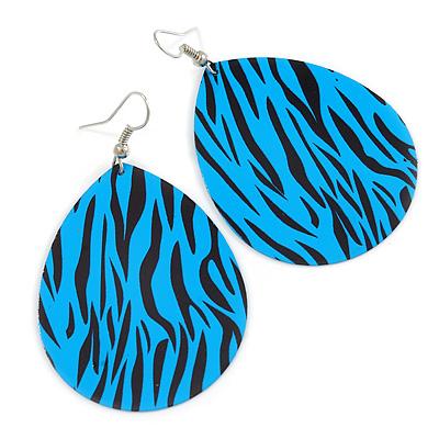 Long Blue 'Zebra Print' Teardrop Metal Earrings - 6.5cm Length - main view