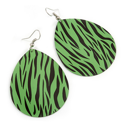 Long Green 'Zebra Print' Teardrop Metal Earrings - 6.5cm Length - main view