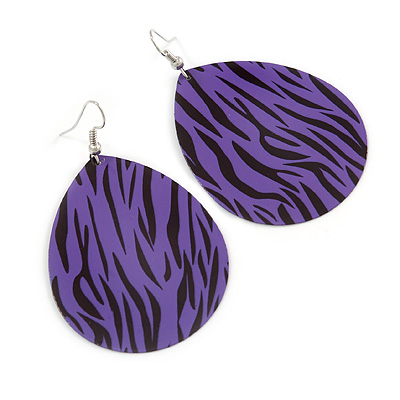 Long Violet 'Zebra Print' Teardrop Metal Earrings - 6.5cm Length - main view