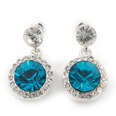 Round Azure/Clear Crystal Stud Earring In Silver Metal - 2.5cm Drop - main view