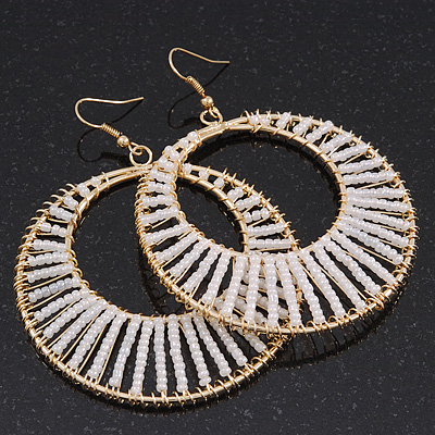 Long White Glass Bead Wire Hoop Earrings In Gold Plating - 8cm Length