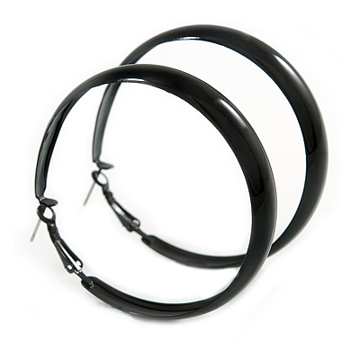 Large Black Enamel Hoop Earrings - 6cm Diameter - main view
