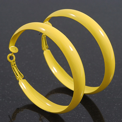 Large Bright Yellow Enamel Hoop Earrings - 55mm Diameter - main view