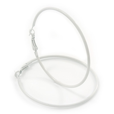 Slim White Enamel Hoop Earrings - 6cm Diameter