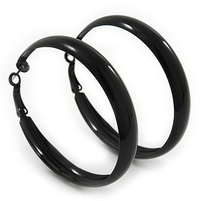 Medium Black Enamel Hoop Earrings - 5cm Diameter - main view