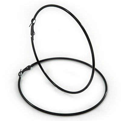 Oversized Slim Black Enamel Hoop Earrings - 8cm Diameter - main view