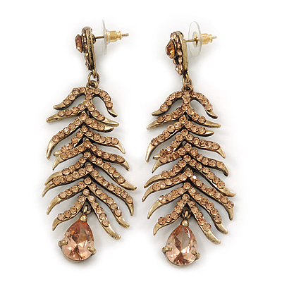 Long Champagne CZ 'Feather' Drop Earrings In Burn Gold Finish - 8cm Length - main view