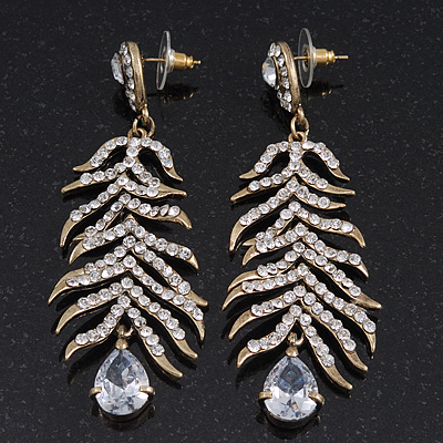 Long Ice Clear CZ 'Feather' Drop Earrings In Burn Gold Finish - 8cm Length - main view