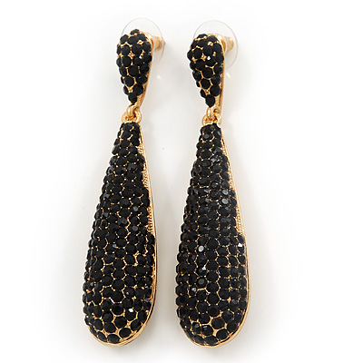 Luxury Black Crystal Teardrop Earrings In Gold Plating - 7.5cm Length - main view