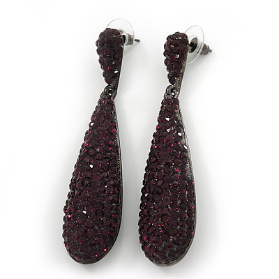 Luxury Deep Purple Crystal Teardrop Earrings In Black Tone Metal - 7.5cm Length