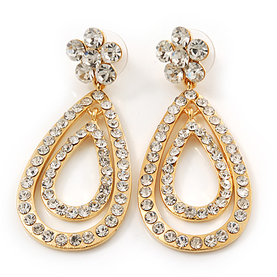 Bridal Swarovski Crystal Open Cut Teardrop Earrings In Gold Plating - 6cm Length - main view