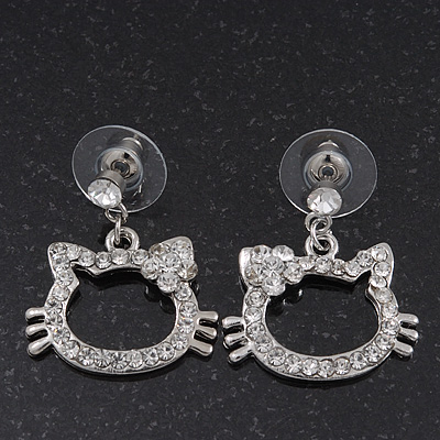 Cute Open Cut Diamante 'Kitten' Drop Earrings In Rhodium Plating - 3cm Length - main view
