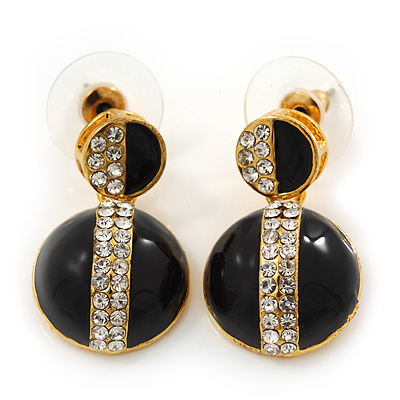 Black Enamel Diamante Dome Shape Drop Earrings In Gold Plating - 2.5cm Length - main view