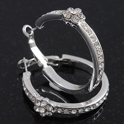 Medium Austrian Crystal With Flower Hoop Earrings In Rhodium Plating - 3.5cm D - main view
