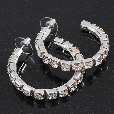 Medium Austrian Crystal Hoop Earrings In Silver Metal - 4.5cm D - main view