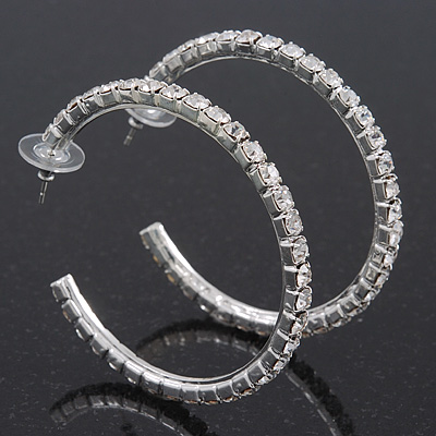 Classic Austrian Crystal Hoop Earrings In Rhodium Plating - 5.5cm D - main view