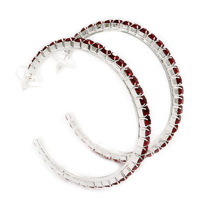 Large Burgundy Red Austrian Crystal Hoop Earrings In Rhodium Plating - 6cm Diameter - main view