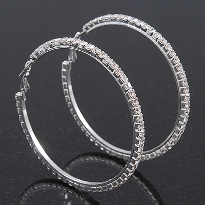Austrian Crystal Hoop Earrings In Rhodium Plating - 6cm D - main view