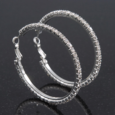 Medium Crystal Hoop Earrings In Rhodium Plated Metal - 4.5cm Diameter - main view