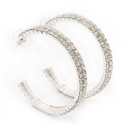 2-Row Clear Crystal Hoop Earrings In Rhodium Plating - 5cm Diameter - main view