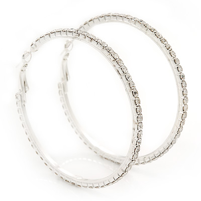 Large Austrian Clear Crystal Hoop Earrings In Rhodium Plating - 6cm Diameter - main view