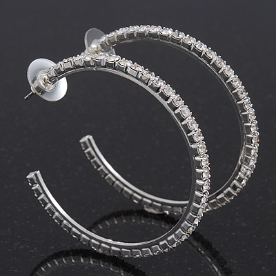 Classic Ice Clear Austiran Crystal Hoop Earrings In Rhodium Plating - 5.5cm D - main view