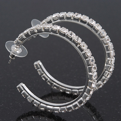 Medium Classic Austrian Crystal Hoop Earrings In Rhodium Plating - 4.5cm D - main view