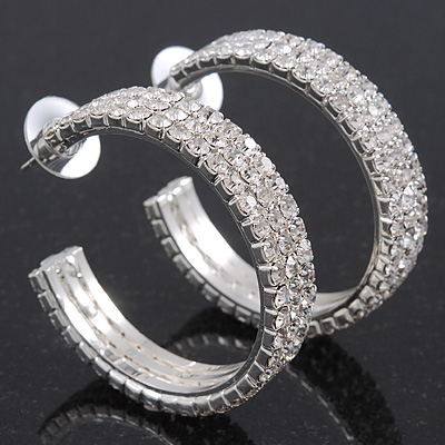 Three-Row Clear Crystal Hoop Earrings In Rhodium Plated Metal - Medium (4.5cm Diameter) - main view