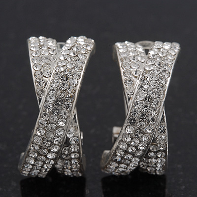 'X' Shape Crystal Creole Earrings In Silver Plating - 23mm Length - main view
