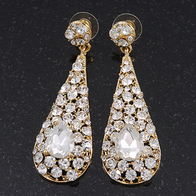 Gold Plated Clear CZ Teardrop Earrings - 6.5cm Length - main view