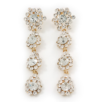 Long Bridal Crystal Floral Drop Earrings - 8.5cm Length - main view
