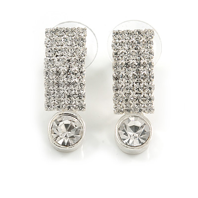 Clear Crystal 'I' Shape Stud Earrings In Silver Plating - 2.5cm Length - main view