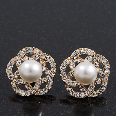 Gold Plated Diamante Faux Pearl Flower Stud Earrings - 2cm Diameter - main view