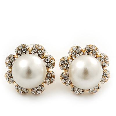 Classic Diamante Faux Pearl Flower Stud Earrings In Gold Plating - 18mm Diameter - main view