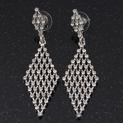 Clear Crystal Diamond Shape Drop Earrings In Rhodium Plating - 6.5cm Length - main view