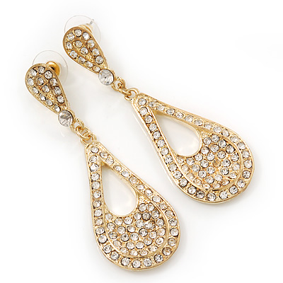 Bridal Diamante Open-Cut Teardrop Earrings In Gold Plating - 6.5cm Length - main view