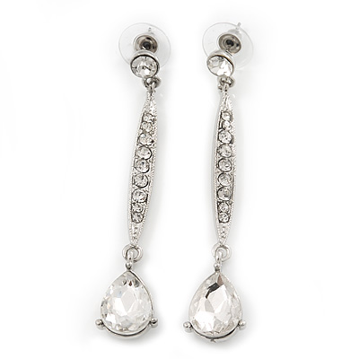 Silver Plated CZ Linear Drop Earrings - 6.5cm Length - main view