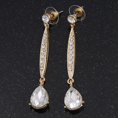 Gold Plated CZ Linear Drop Earrings - 6.5cm Length