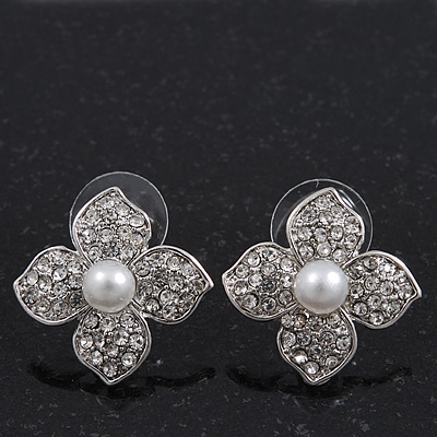 Clear Crystal Simulated Pearl Flower Stud Earrings In Silver Plating - 2cm Diameter