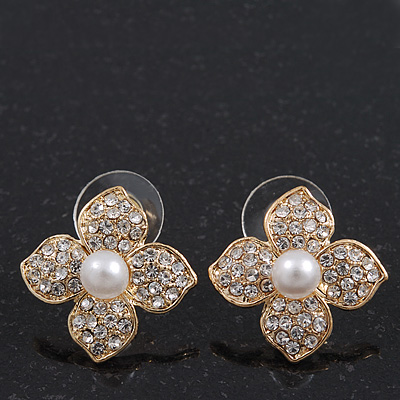 Clear Crystal Simulated Pearl Flower Stud Earrings In Gold Plating - 2cm Diameter - main view